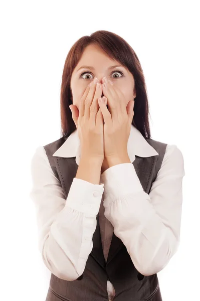 Retrato de una mujer de negocios conmocionada, aislada sobre fondo blanco — Foto de Stock