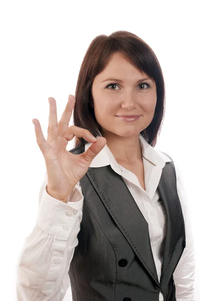 Perfeito - mulher de negócios mostrando OK sinal de mão sorrindo feliz . — Fotografia de Stock