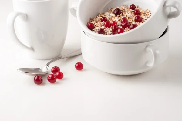 Flocos com cranberries na tigela branca — Fotografia de Stock