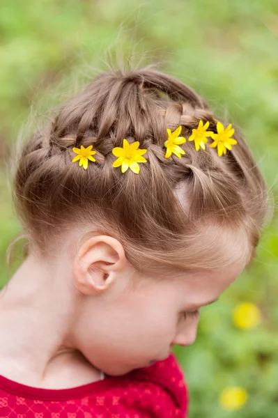 Hairstyle with braided hair and flowers — Stock Photo, Image