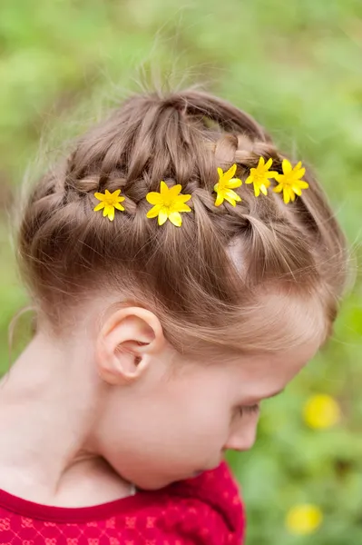 Frisur mit geflochtenem Haar und Blumen lizenzfreie Stockfotos