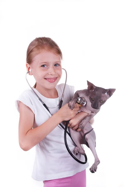 Schöne kleine Mädchen mit Katze shpinx — Stockfoto