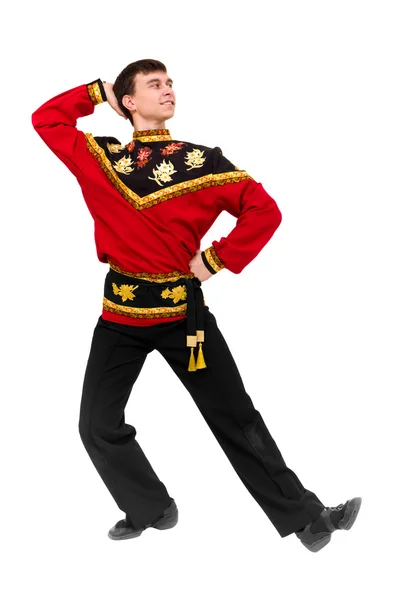 Young dancer wearing a folk russian costume dancing — Stock Photo, Image