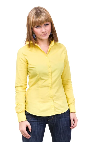 Žena nosí žluté tričko — Stock fotografie