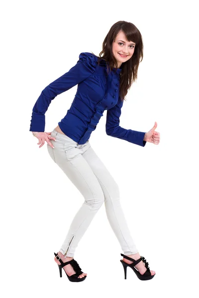 Smiling woman with thumbs up gesture — Stock Photo, Image