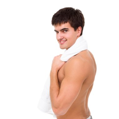 banyo havlusu ile gülümseyen adam