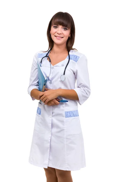Portrait of young doctor or medic with clipboard and stethoscope — Stock Photo, Image