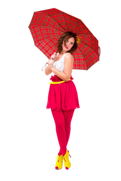 拿着红伞的女人 — 图库照片