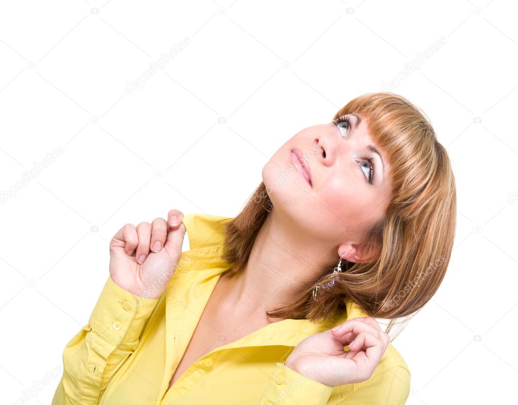 woman looking up, isolated on white background