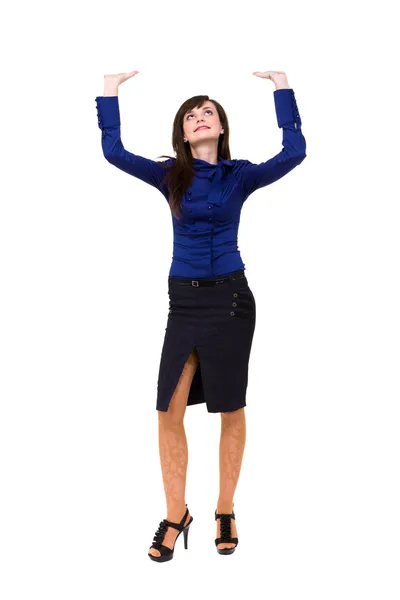 Pełna długość młoda kobieta trzyma gest — Zdjęcie stockowe