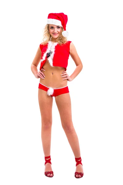 Junge Frau in Weihnachtsmannkleidung posiert — Stockfoto