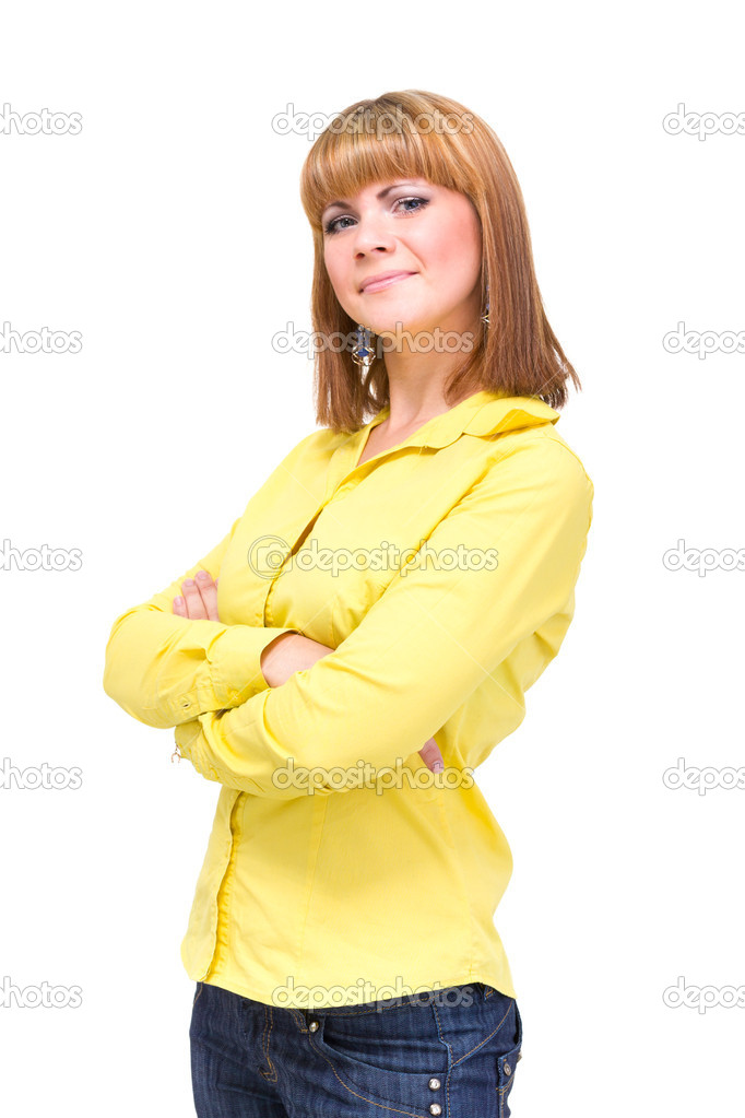 woman wearing a yellow shirt posing