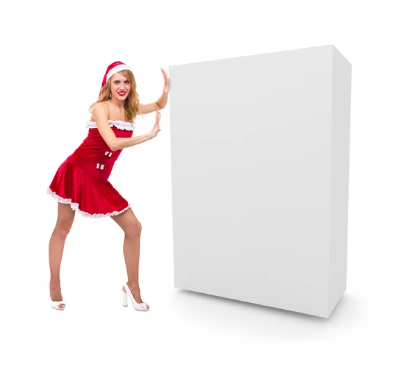 Vánoční dívka tlačí prázdný box. — Stock fotografie