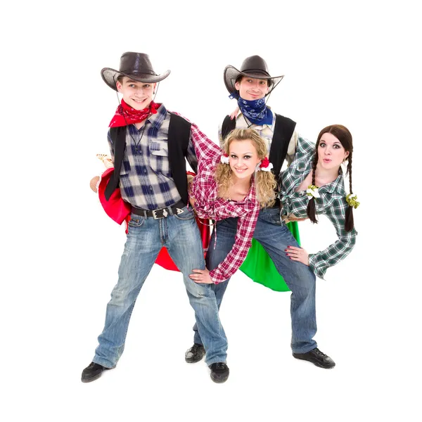 Lachende cowboys en de Veedrijfsters dancing — Stockfoto