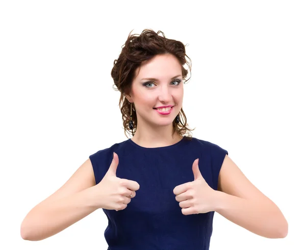 Mujer sonriente con los pulgares hacia arriba gesto posando —  Fotos de Stock
