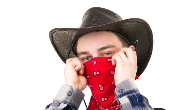 Ung vacker cowboy med balaclava — Stockfoto