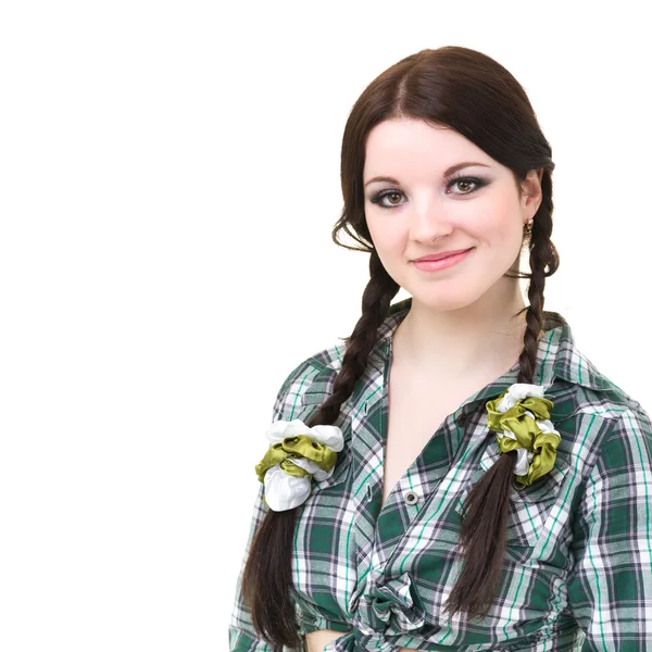 Vriendelijk lachende meisje met pigtails — Stockfoto