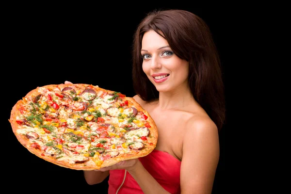 Ung kvinna med pizza — Stockfoto