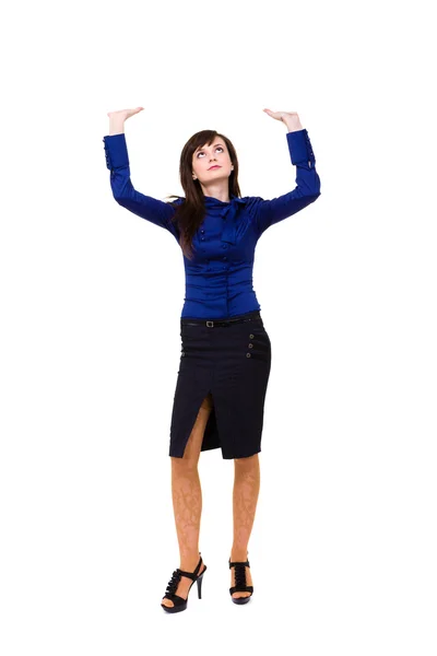 Pełna długość młoda kobieta trzyma gest — Zdjęcie stockowe