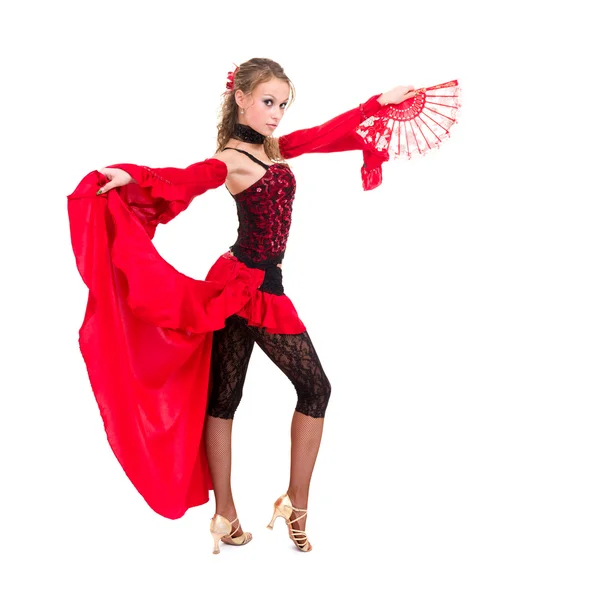 Zigeunervrouw dansen met ventilator tegen geïsoleerde witte achtergrond — Stockfoto