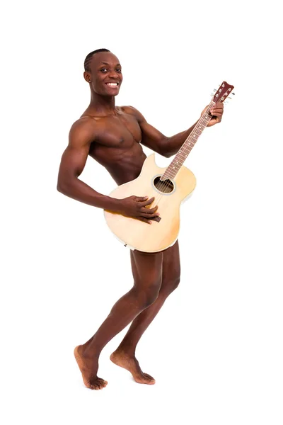 Smiling naked man with guitar posing — Stock Photo, Image