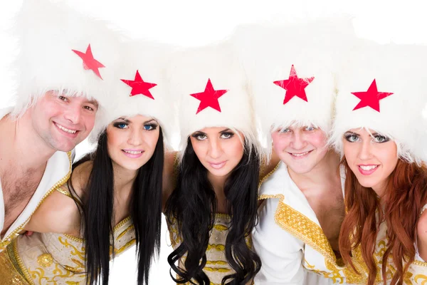 Equipo de bailarines sonrientes con trajes cosacos —  Fotos de Stock