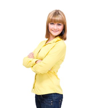 beyaz zemin üzerinde komik tatlı gülümseyen kadın