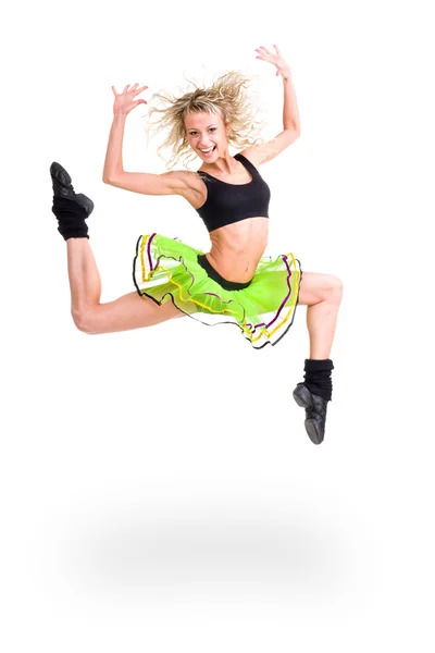 Fitness woman jumping of joy — Stock Photo, Image