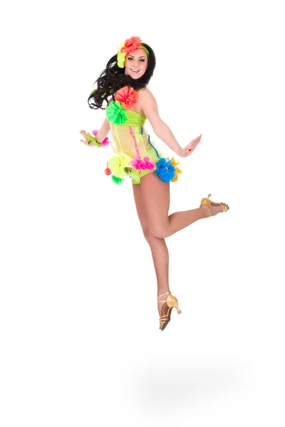 Beautiful carnival dancer woman jumping — Stock Photo, Image