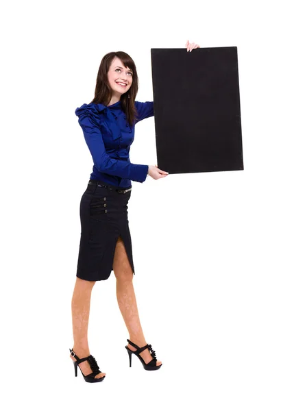 Smart young woman holding a blank board — Stock Photo, Image