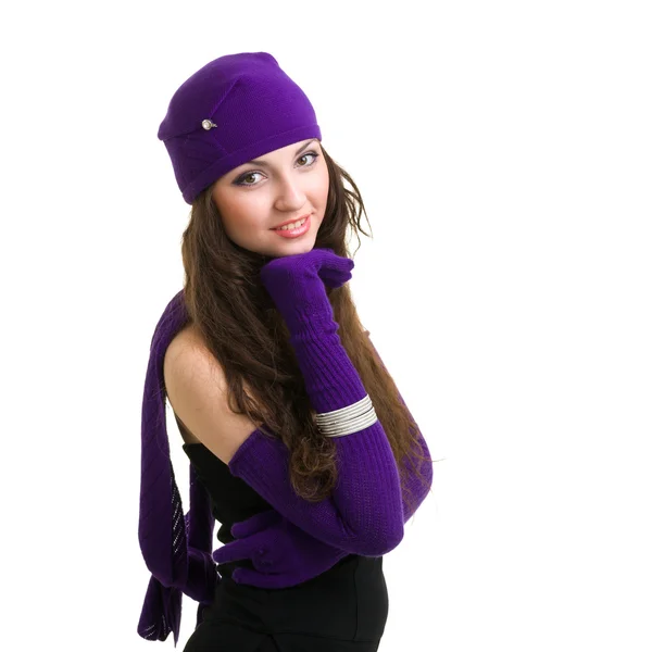 Woman in white knit wool hat and mittens — Stock Photo, Image