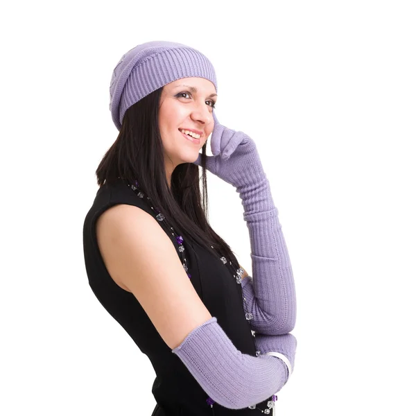 Woman in white knit wool hat and mittens — Stock Photo, Image