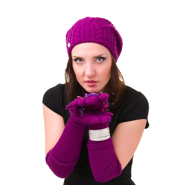 Woman in white knit wool hat and mittens — Stock Photo, Image