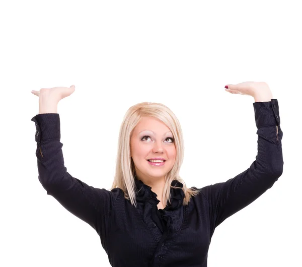 Sonriendo joven mujer está sosteniendo algo abstracto — Foto de Stock