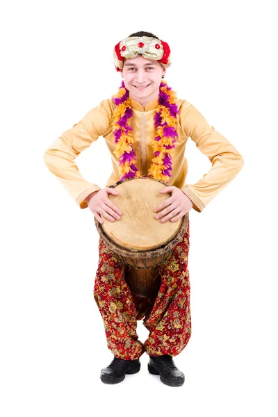 Full length portrait of indian man with a drum — Stock Photo, Image