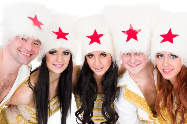 Equipo de bailarines sonrientes con trajes cosacos —  Fotos de Stock