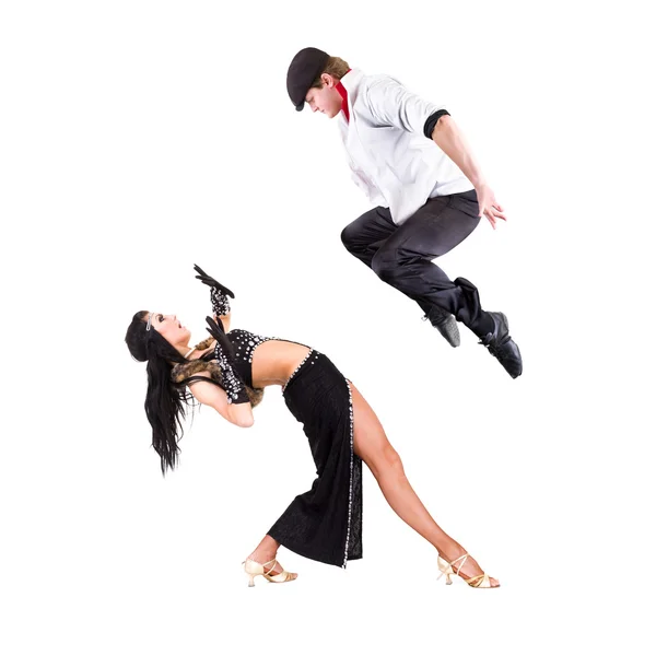 Gangster man dancing with girl isolated on white — Stock Photo, Image