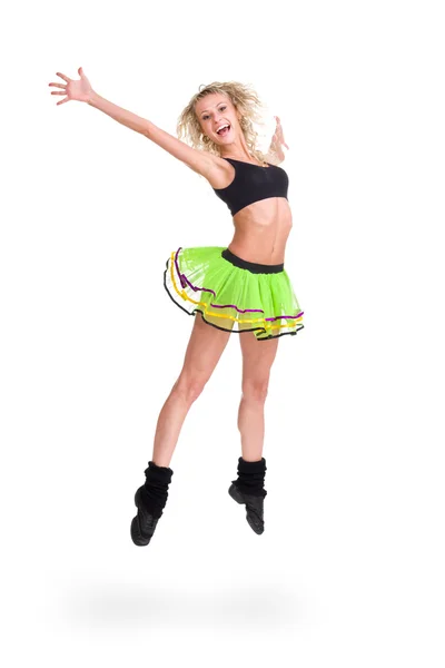 Bright picture of happy jumping sporty girl — Stock Photo, Image