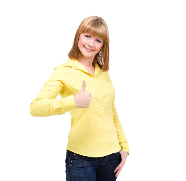 Imagen de una atractiva mujer rubia mostrando el pulgar —  Fotos de Stock