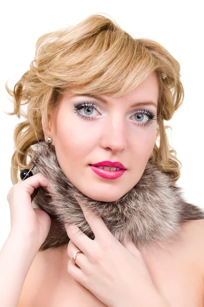 Woman posing with fur isolated on white background — Stock Photo, Image