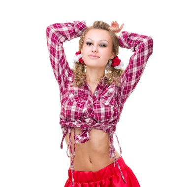 beyaz zemin üzerinde komik tatlı gülümseyen kadın