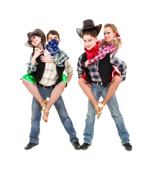 Cabaret danser team gekleed in kostuums van de cowboy — Stockfoto