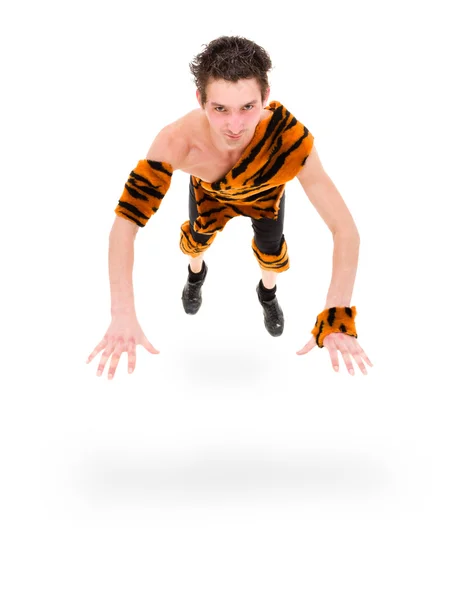 Wild man jumping against isolated white background — Stock Photo, Image