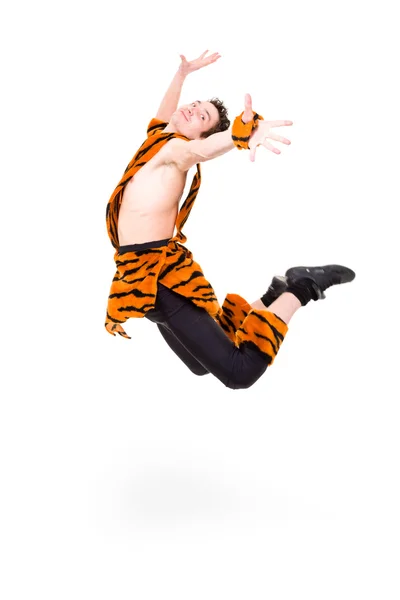 Wild man jumping against isolated white background — Stock Photo, Image