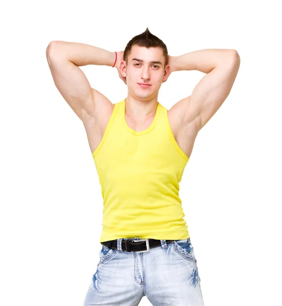 Portrait of young beautiful man in yellow t-shirt — Stock Photo, Image