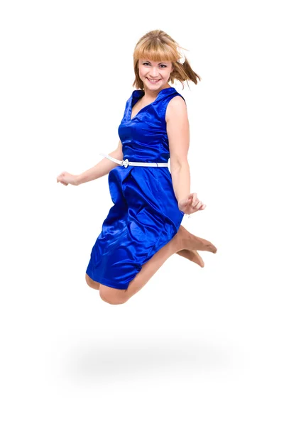 Χαριτωμένο κομψή γυναίκα με μπλε φόρεμα άλμα — Φωτογραφία Αρχείου