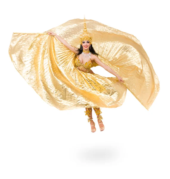 Young beautiful belly dancer in a gold costume — Stock Photo, Image