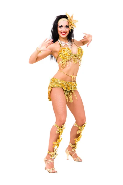 Young beautiful belly dancer in a gold costume — Stock Photo, Image