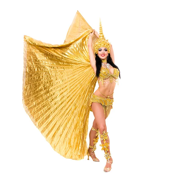 Genç güzel dansöz altın kostümlü — Stok fotoğraf