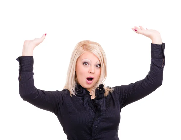 Shocked young woman is holding something abstract — Stock Photo, Image